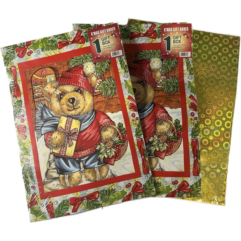 Vtg Set of 3 Christmas Gift Boxes Teddy Bears and Gold Foil New Unopened 20x14x4